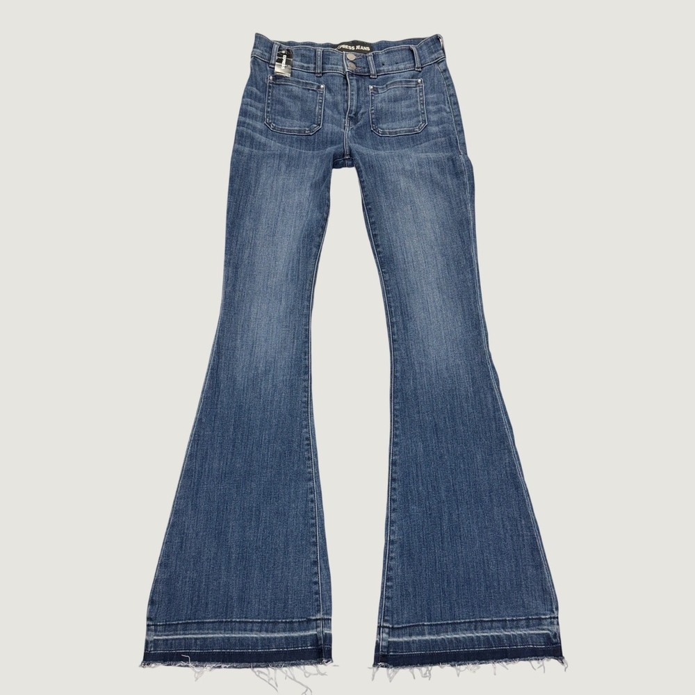Express Bell Flare Mid Rise Jeans 4 Stretch Denim 34 Inseam Blue Boho 70s Retro
